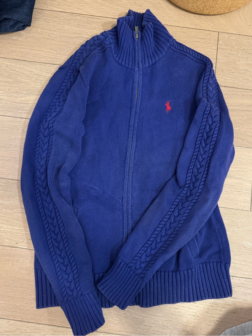 Ralph Lauren Navy Blue Full-Zip Cable Sweater with Red Pony